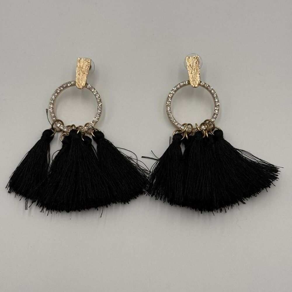 Black Tassel earrings with rhinestone hoops